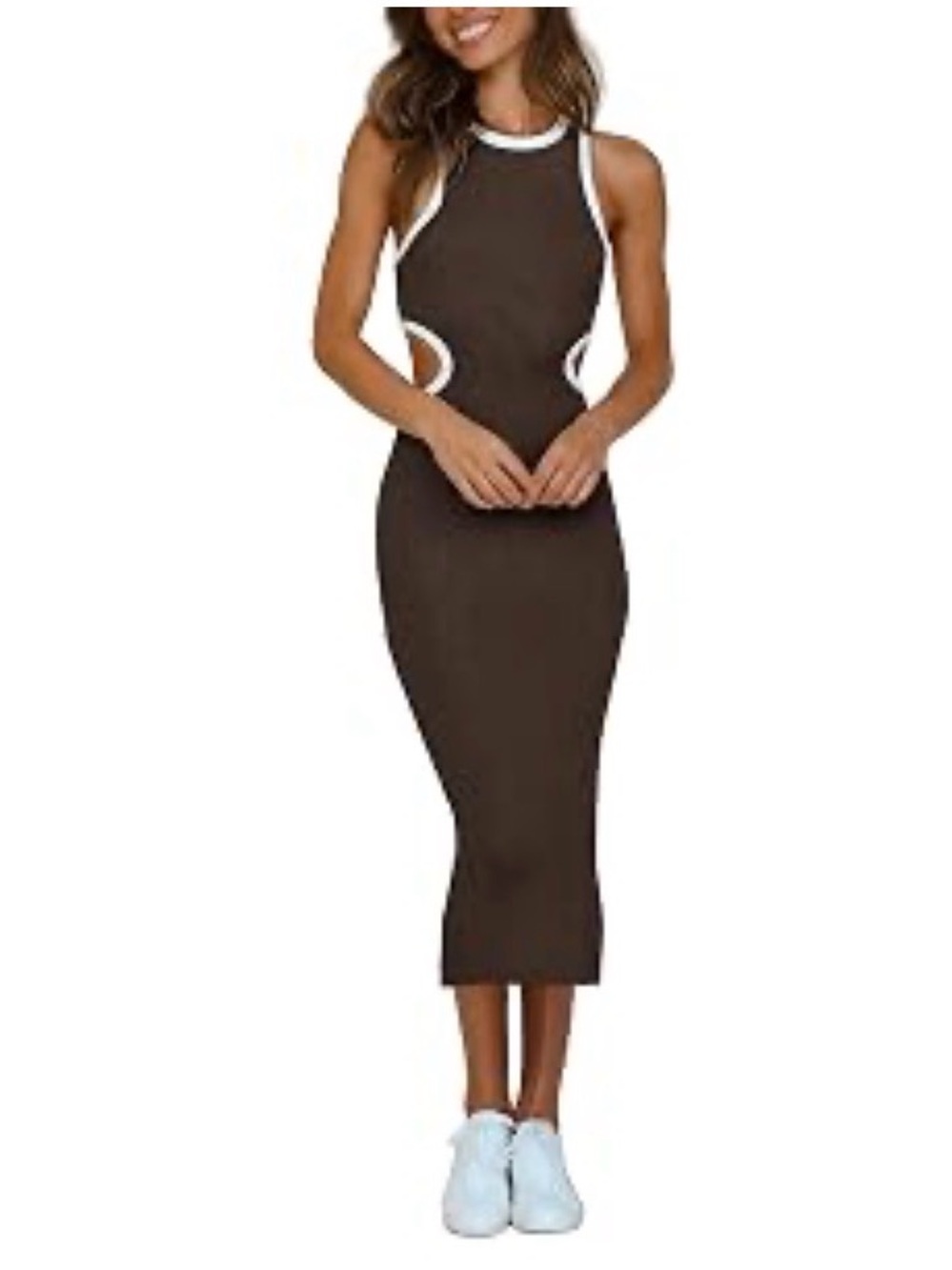Sleeveless Brown Midi Bodycon Dress with White Trim